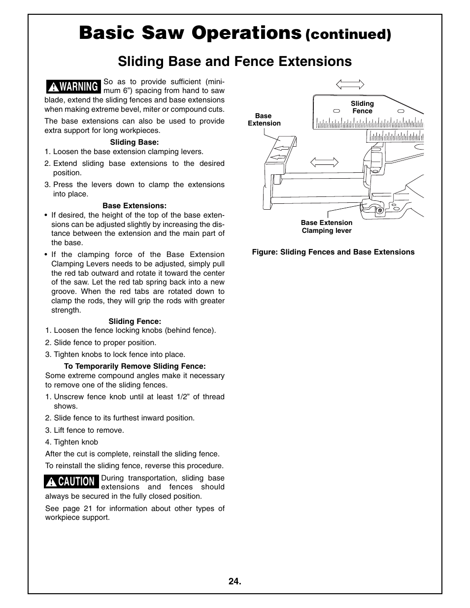 Basic saw operations, Sliding base and fence extensions, Continued) | Warning, Caution | Bosch 4212L User Manual | Page 24 / 112