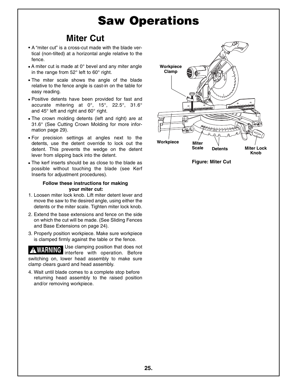 Saw operations, Miter cut, Warning | Bosch 4212L User Manual | Page 25 / 112