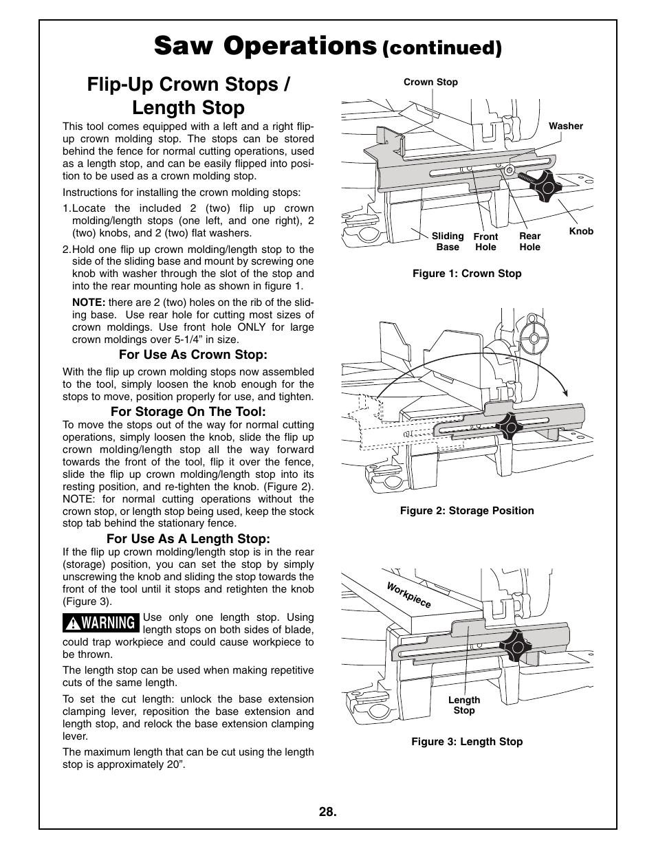 Saw operations, Flip-up crown stops / length stop, Continued) | Warning | Bosch 4212L User Manual | Page 28 / 112