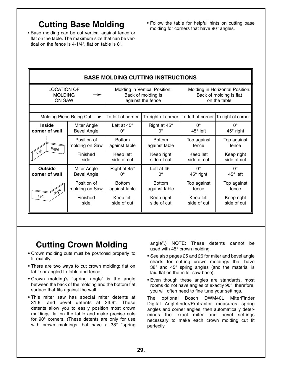 Cutting base molding, Cutting crown molding | Bosch 4212L User Manual | Page 29 / 112