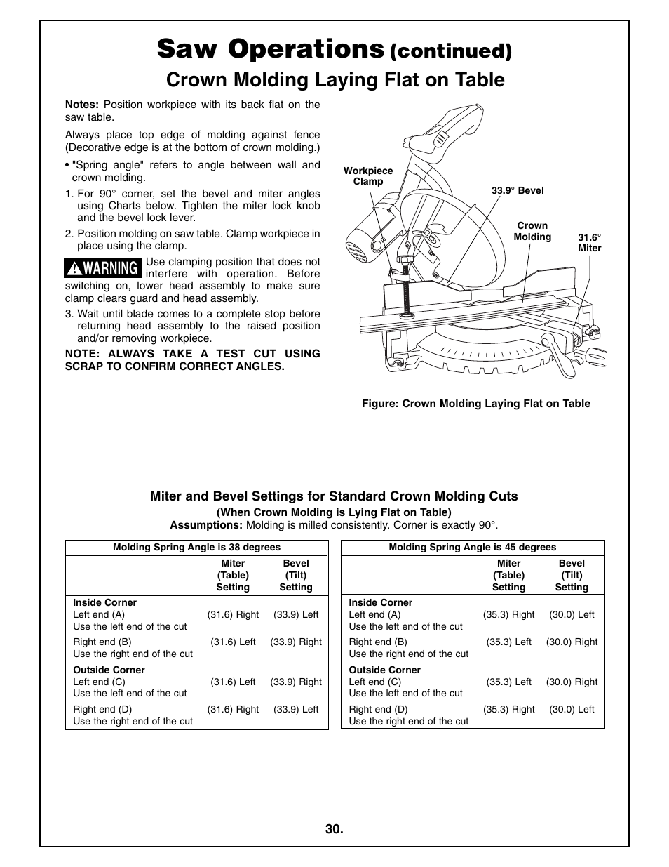 Saw operations, Continued), Crown molding laying flat on table | Warning | Bosch 4212L User Manual | Page 30 / 112