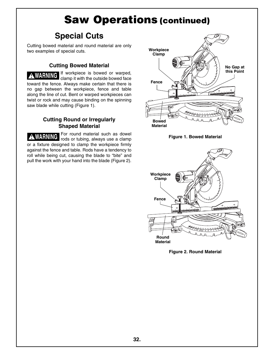 Saw operations, Special cuts, Continued) | Warning | Bosch 4212L User Manual | Page 32 / 112