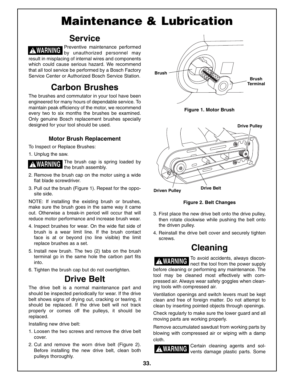Maintenance & lubrication, Service, Carbon brushes | Drive belt, Cleaning, Warning | Bosch 4212L User Manual | Page 33 / 112