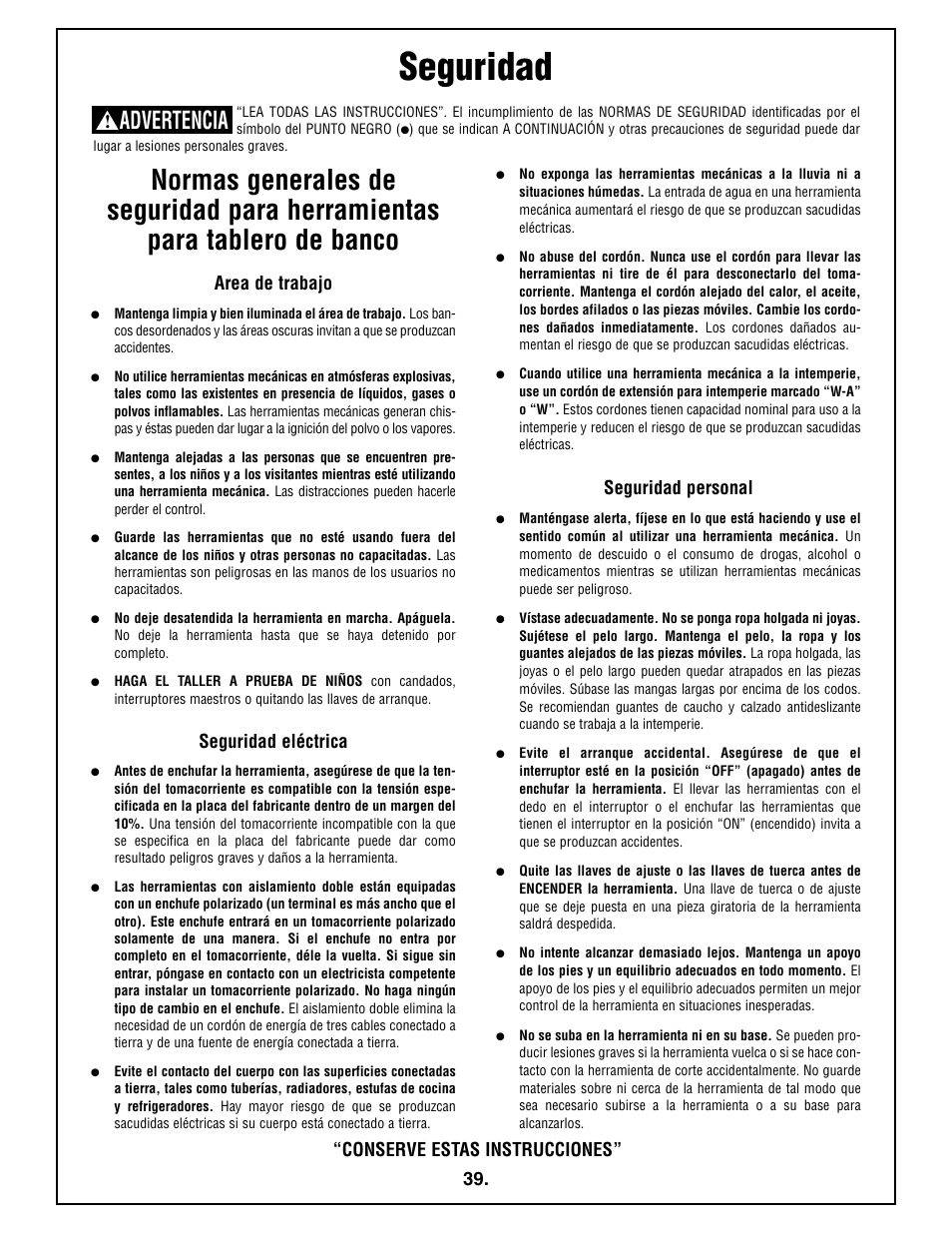 Seguridad, Advertencia, Area de trabajo | Seguridad eléctrica, Seguridad personal, Conserve estas instrucciones | Bosch 4212L User Manual | Page 39 / 112