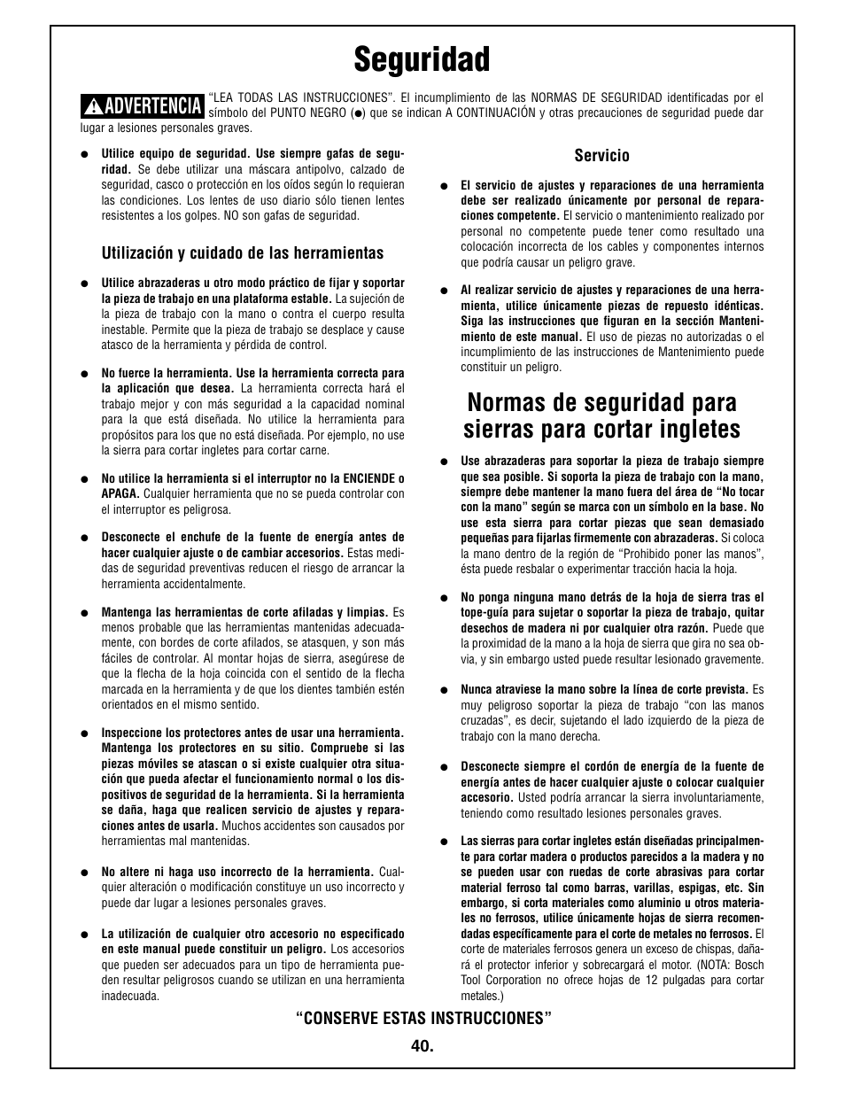 Seguridad, Advertencia, Utilización y cuidado de las herramientas | Servicio, Conserve estas instrucciones | Bosch 4212L User Manual | Page 40 / 112