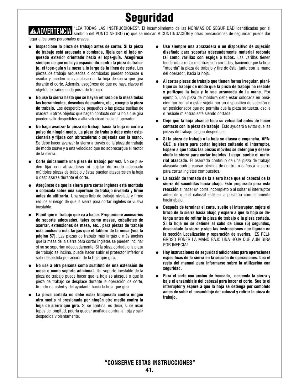 Seguridad, Advertencia, Conserve estas instrucciones | Bosch 4212L User Manual | Page 41 / 112