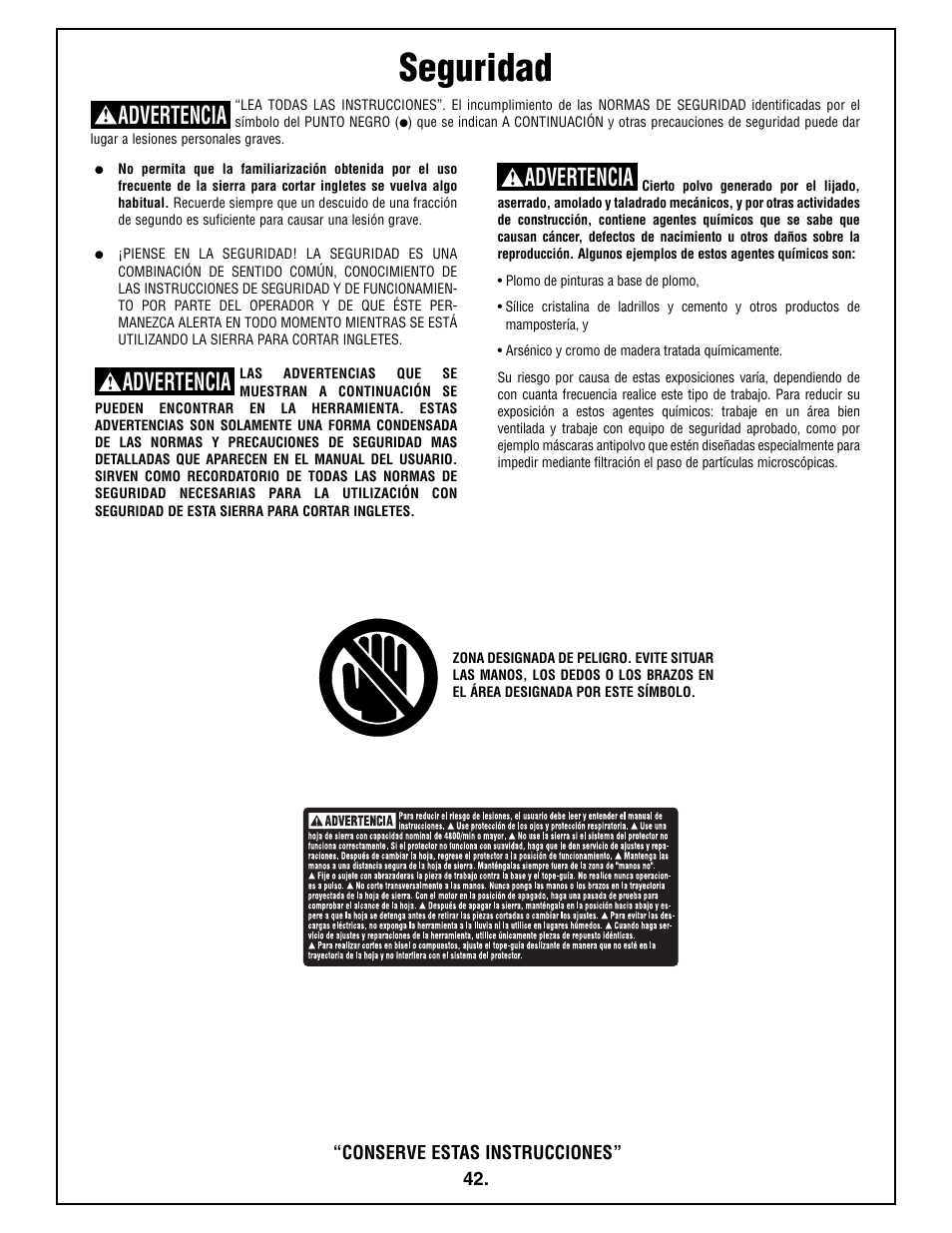 Seguridad, Advertencia | Bosch 4212L User Manual | Page 42 / 112