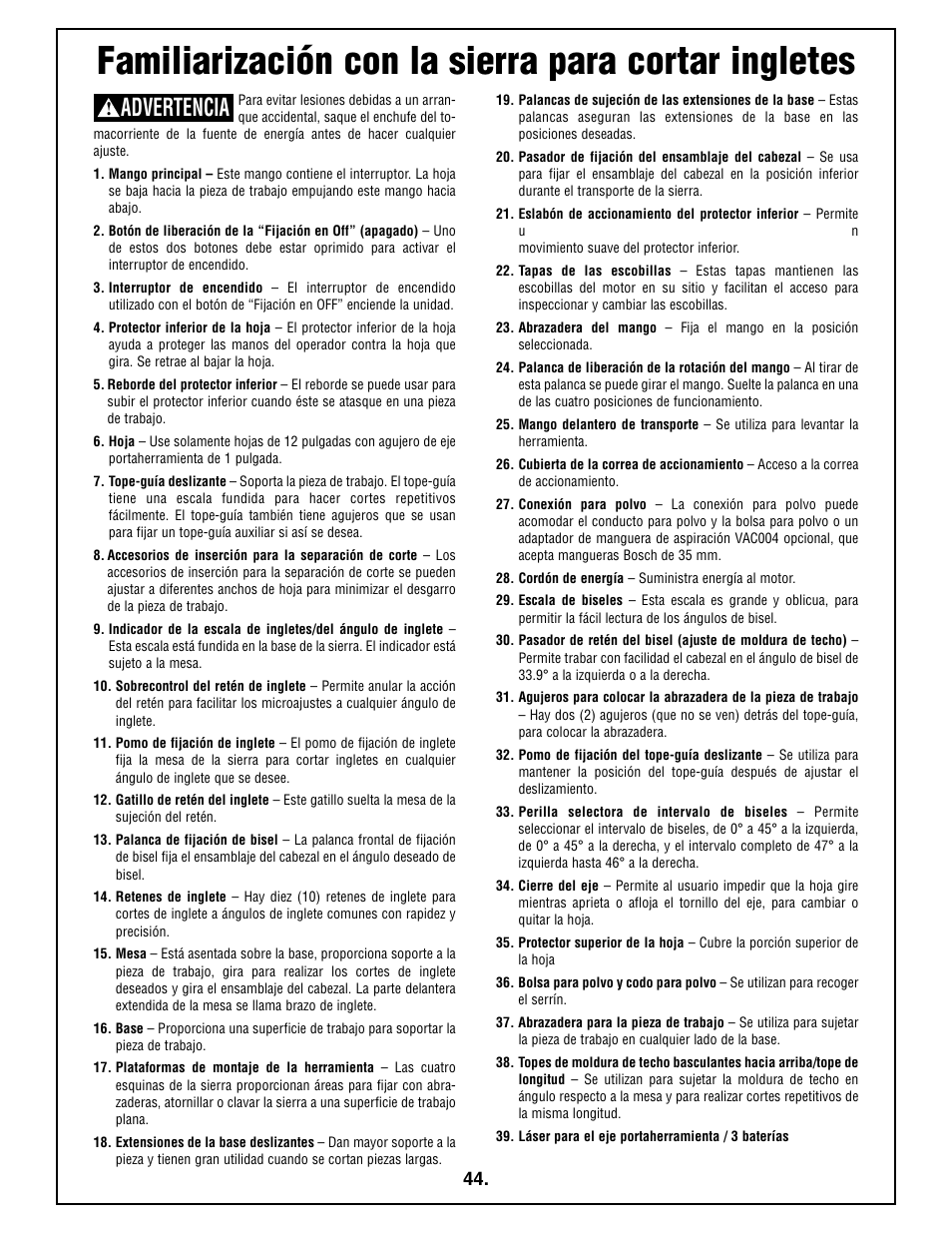 Familiarización con la sierra para cortar ingletes, Advertencia | Bosch 4212L User Manual | Page 44 / 112
