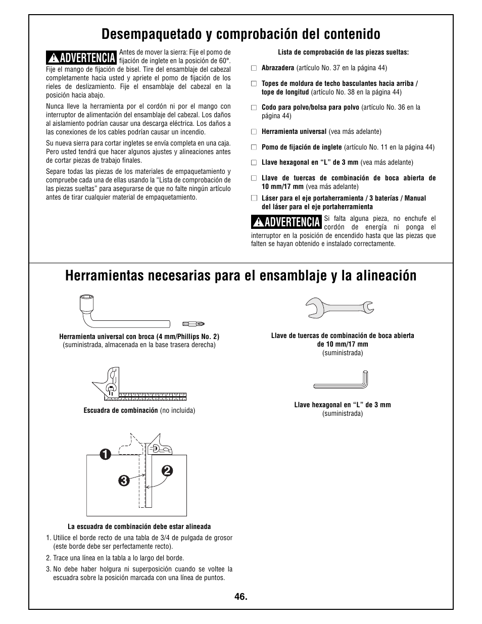 Advertencia | Bosch 4212L User Manual | Page 46 / 112