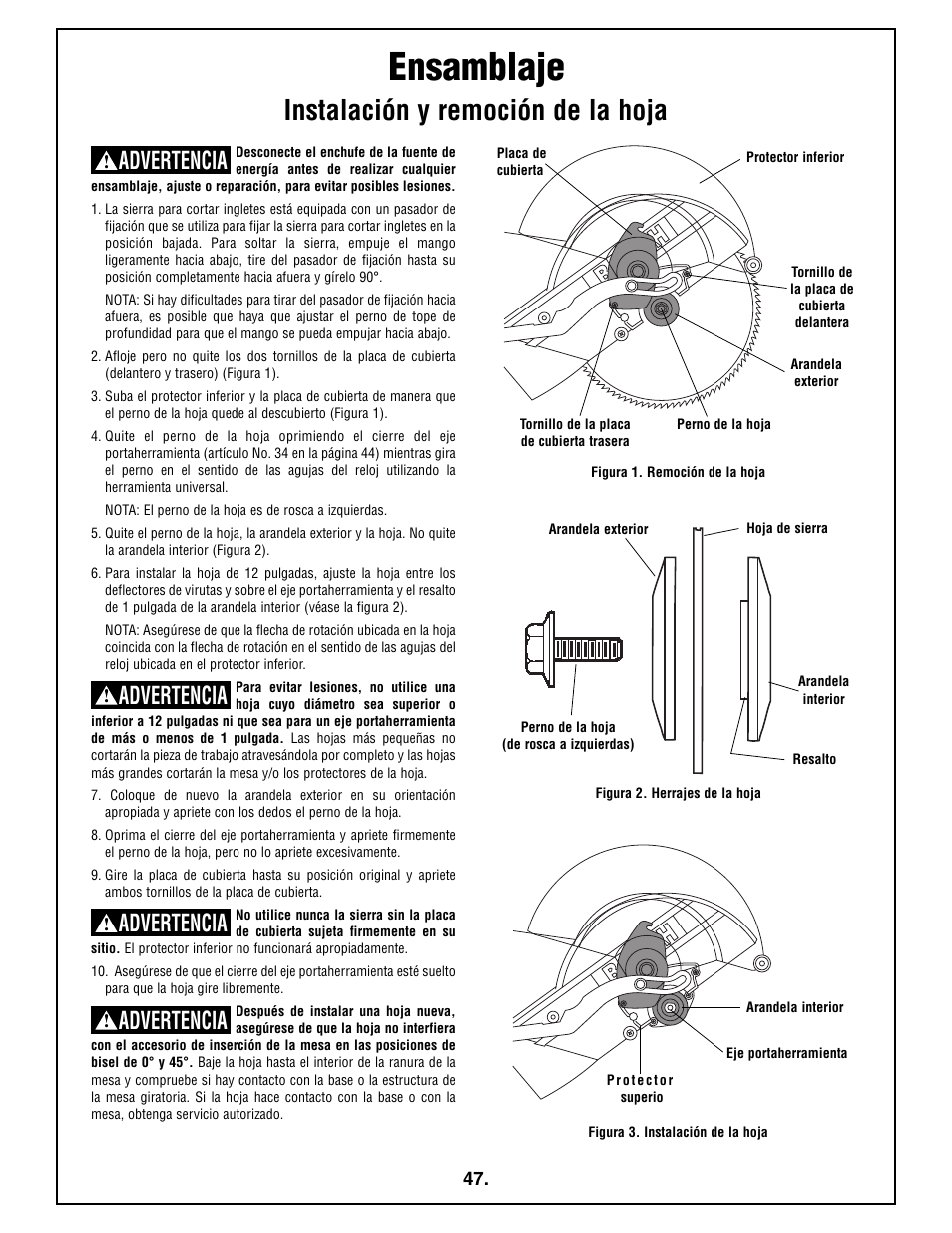 Ensamblaje, Instalación y remoción de la hoja, Advertencia | Bosch 4212L User Manual | Page 47 / 112