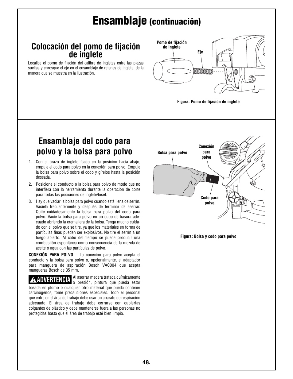Ensamblaje, Advertencia | Bosch 4212L User Manual | Page 48 / 112
