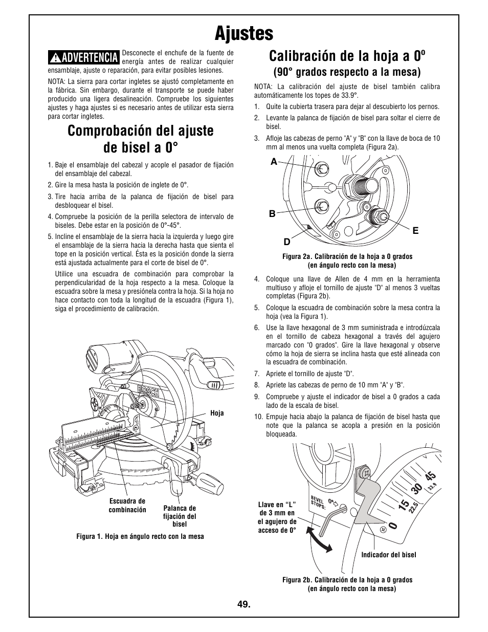Ajustes, Comprobación del ajuste de bisel a 0, Calibración de la hoja a 0º | Advertencia, 90° grados respecto a la mesa) | Bosch 4212L User Manual | Page 49 / 112