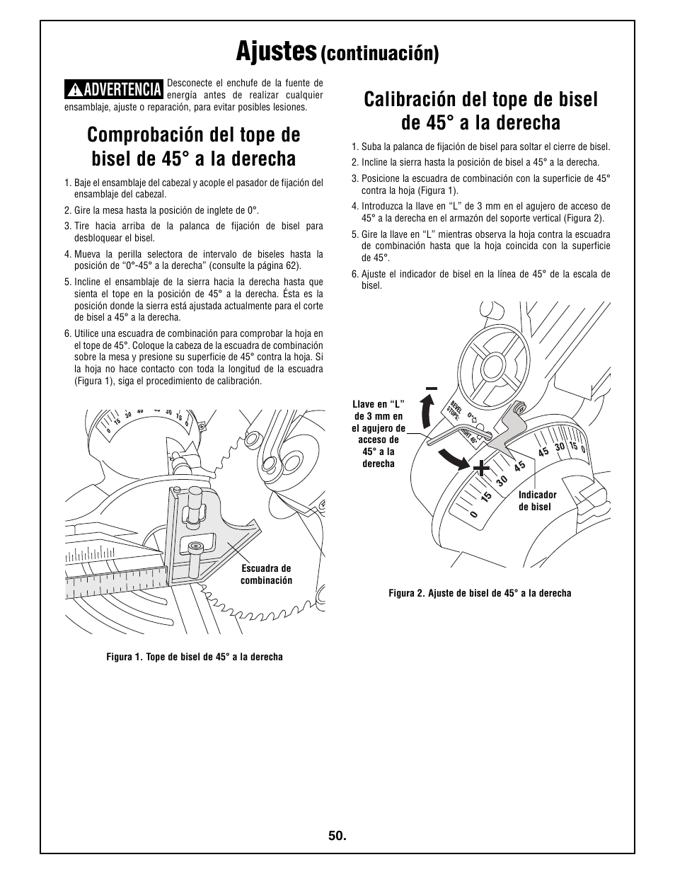 Ajustes, Comprobación del tope de bisel de 45° a la derecha, Calibración del tope de bisel de 45° a la derecha | Continuación), Advertencia | Bosch 4212L User Manual | Page 50 / 112