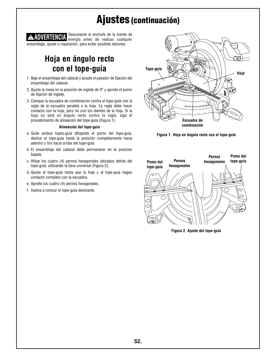 Ajustes, Hoja en ángulo recto con el tope-guía, Continuación) | Advertencia | Bosch 4212L User Manual | Page 52 / 112