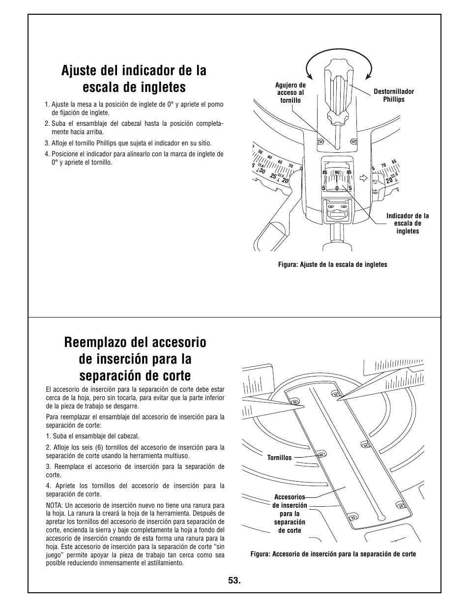 Ajuste del indicador de la escala de ingletes | Bosch 4212L User Manual | Page 53 / 112