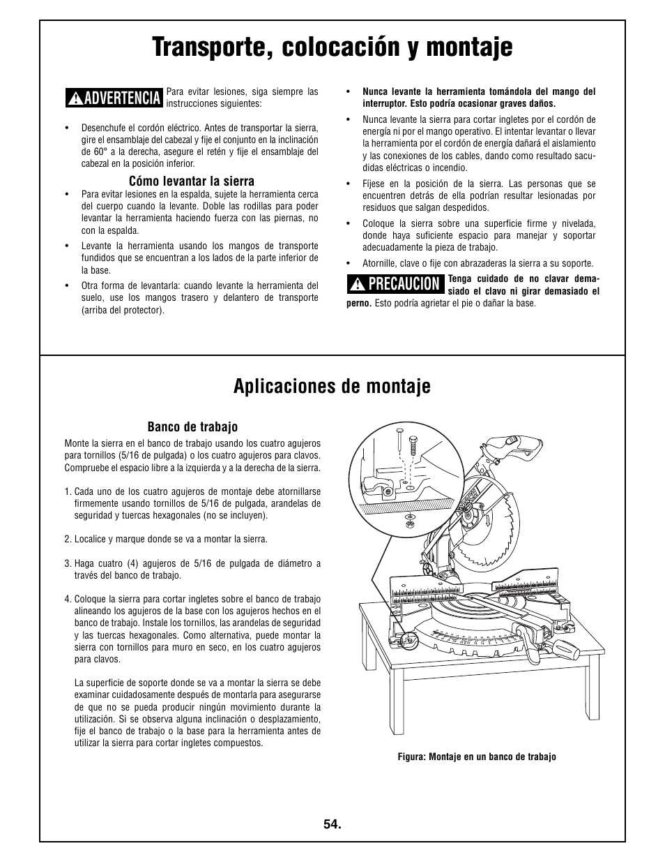 Transporte, colocación y montaje, Aplicaciones de montaje, Advertencia | Precaucion | Bosch 4212L User Manual | Page 54 / 112