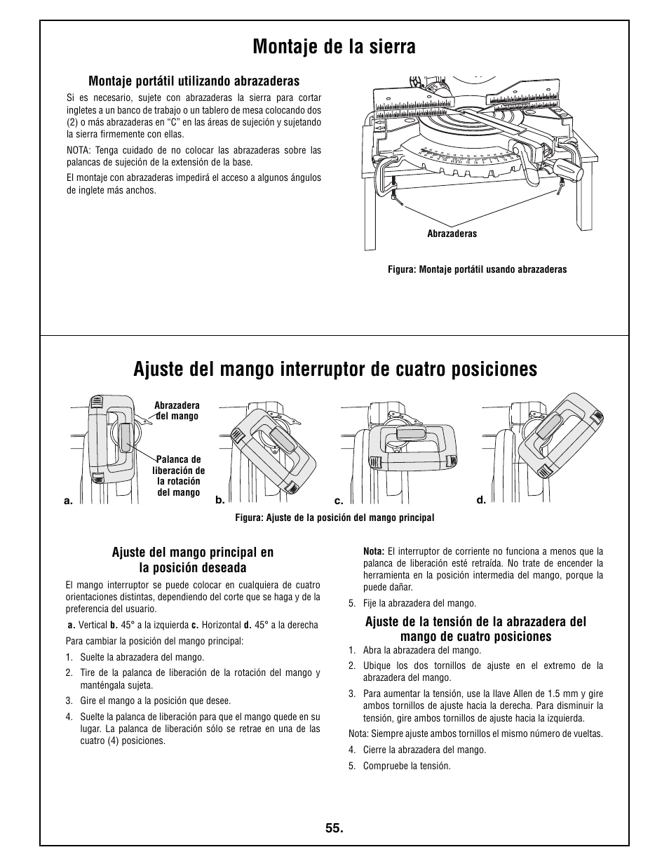 Montaje de la sierra, Ajuste del mango interruptor de cuatro posiciones | Bosch 4212L User Manual | Page 55 / 112