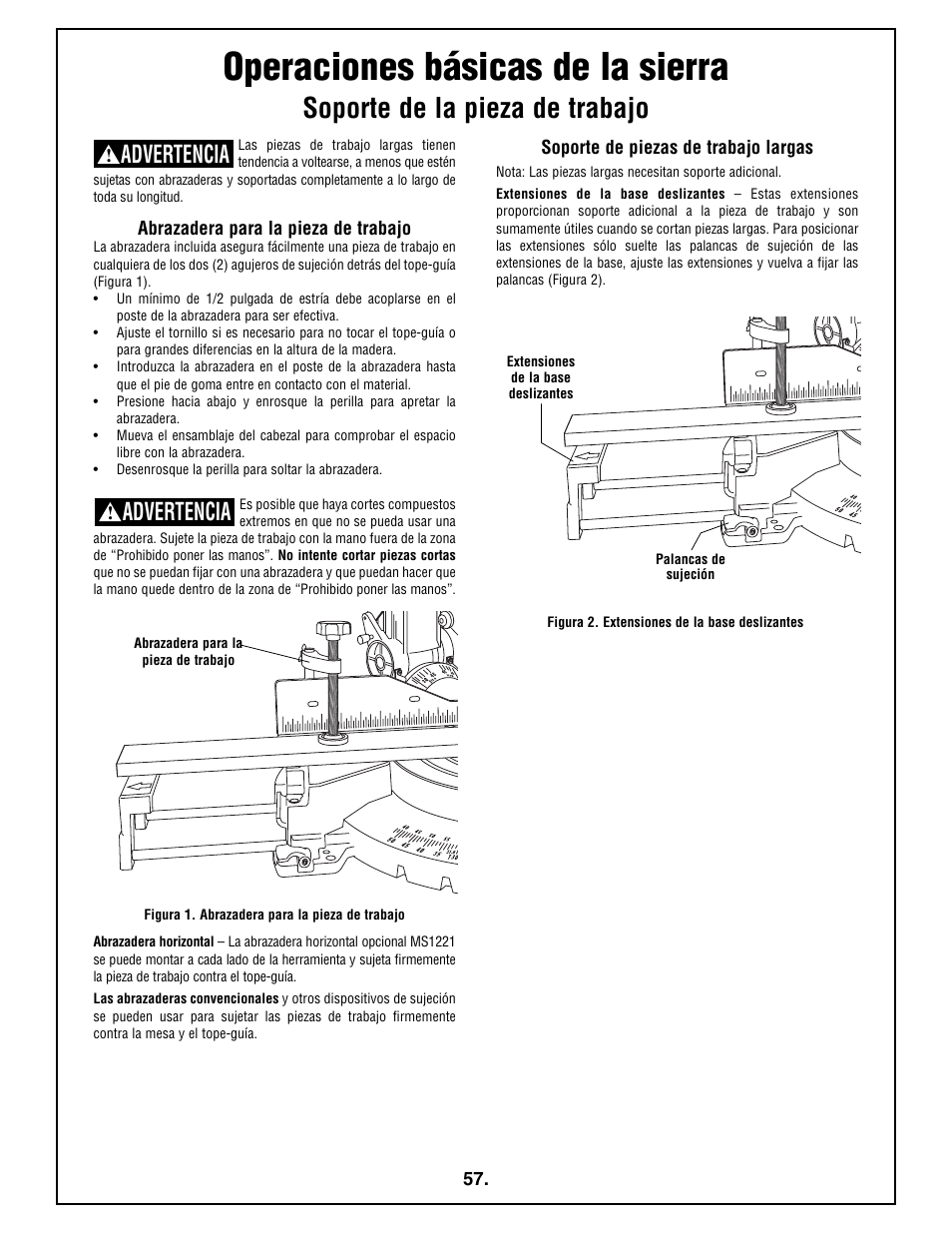 Operaciones básicas de la sierra, Soporte de la pieza de trabajo, Advertencia | Bosch 4212L User Manual | Page 57 / 112