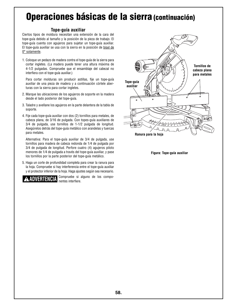 Operaciones básicas de la sierra, Continuación), Advertencia | Bosch 4212L User Manual | Page 58 / 112