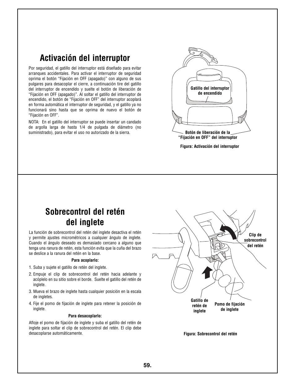 Sobrecontrol del retén del inglete, Activación del interruptor | Bosch 4212L User Manual | Page 59 / 112