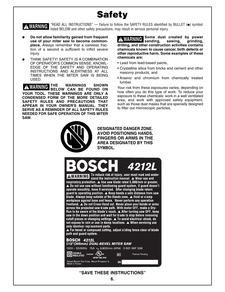 Safety, Warning | Bosch 4212L User Manual | Page 6 / 112