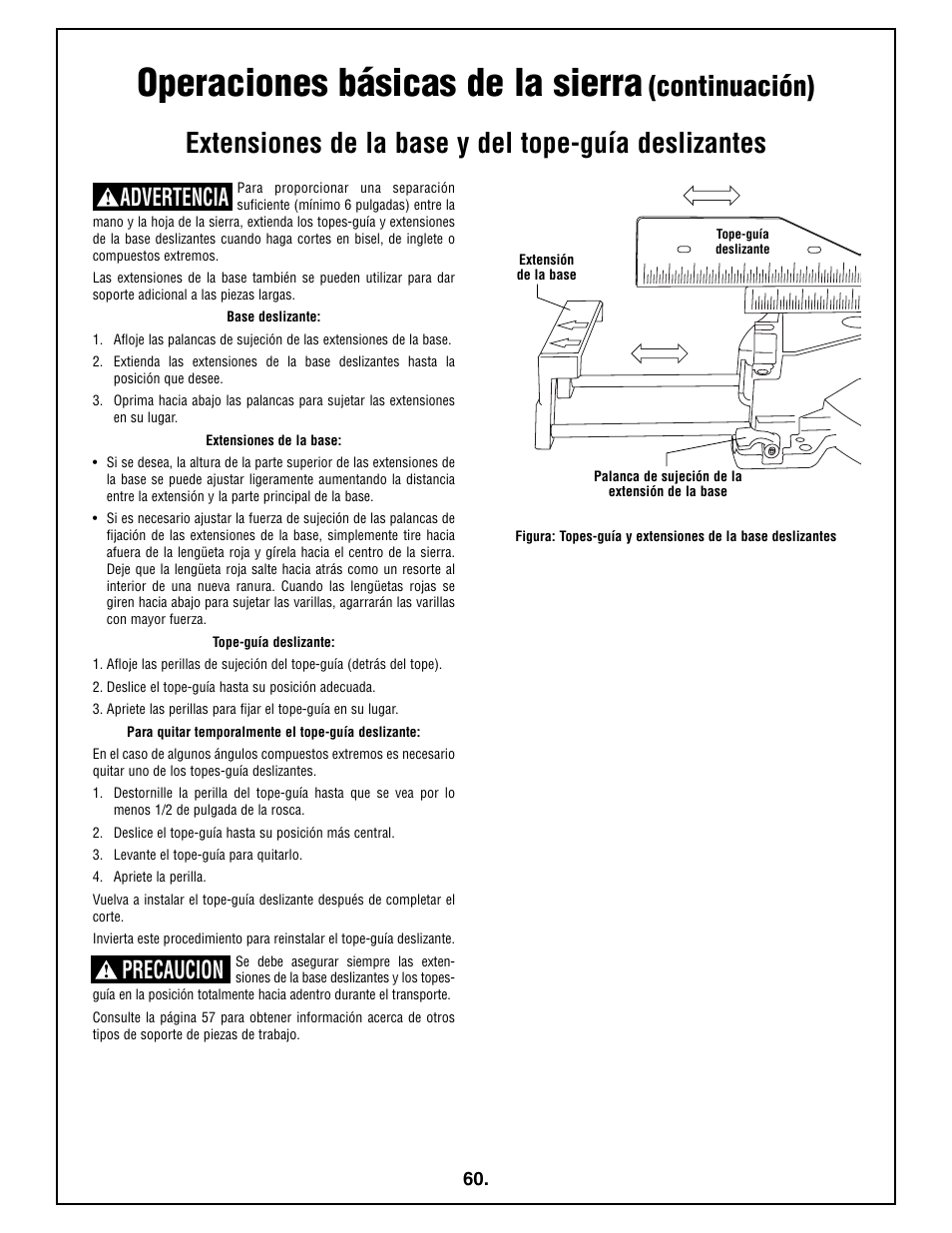 Operaciones básicas de la sierra, Extensiones de la base y del tope-guía deslizantes, Continuación) | Advertencia, Precaucion | Bosch 4212L User Manual | Page 60 / 112