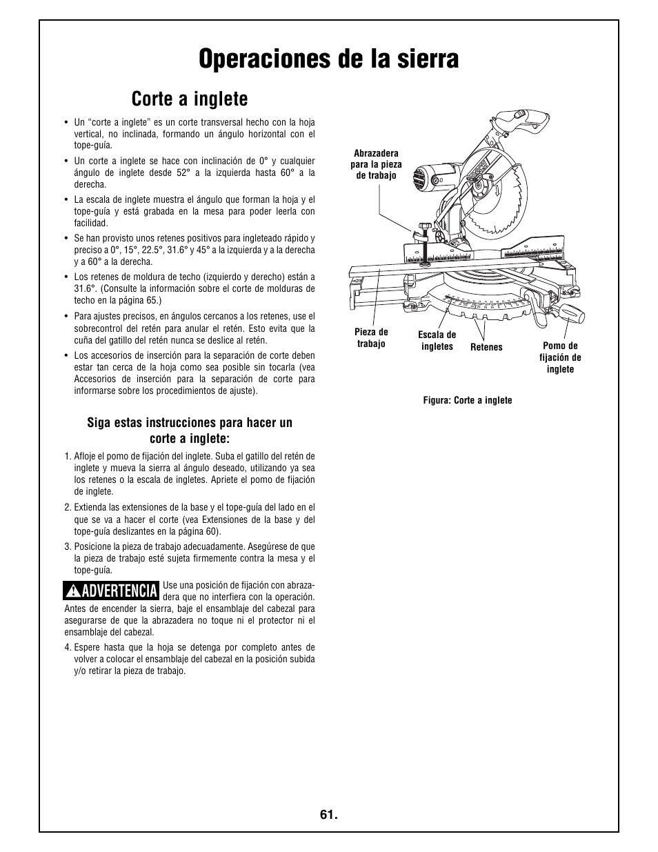 Operaciones de la sierra, Corte a inglete, Advertencia | Bosch 4212L User Manual | Page 61 / 112