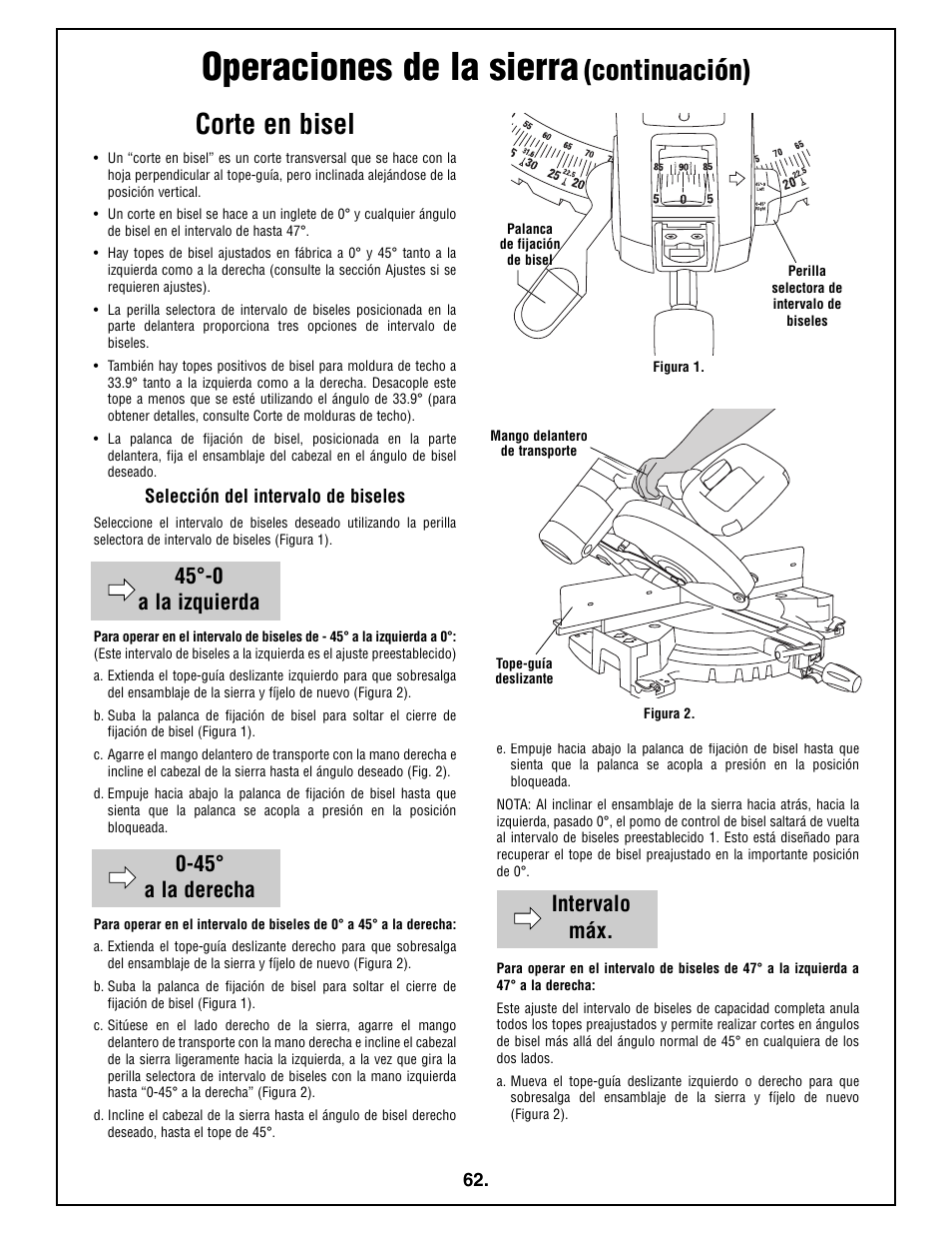 Operaciones de la sierra, Corte en bisel, Continuación) | Bosch 4212L User Manual | Page 62 / 112