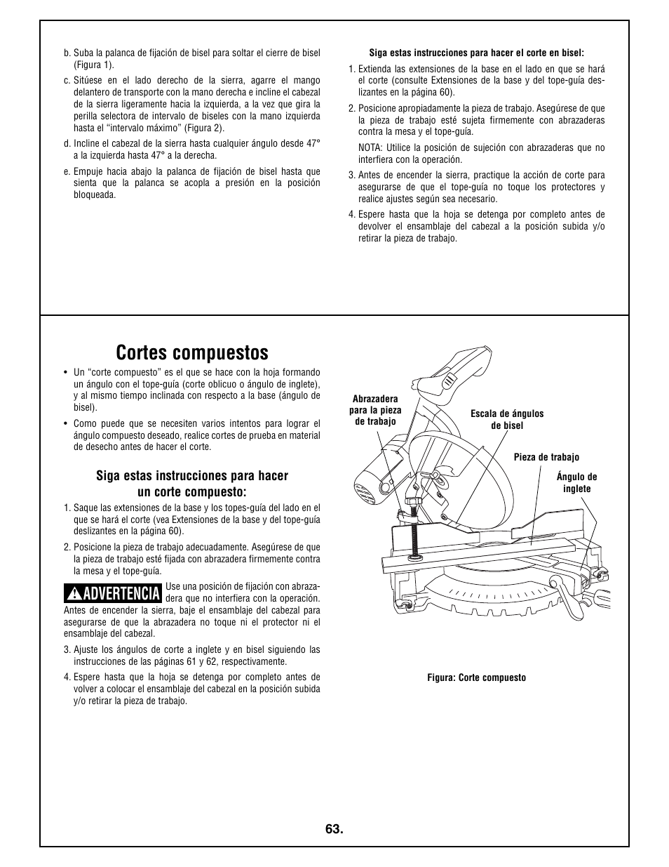 Cortes compuestos, Advertencia | Bosch 4212L User Manual | Page 63 / 112