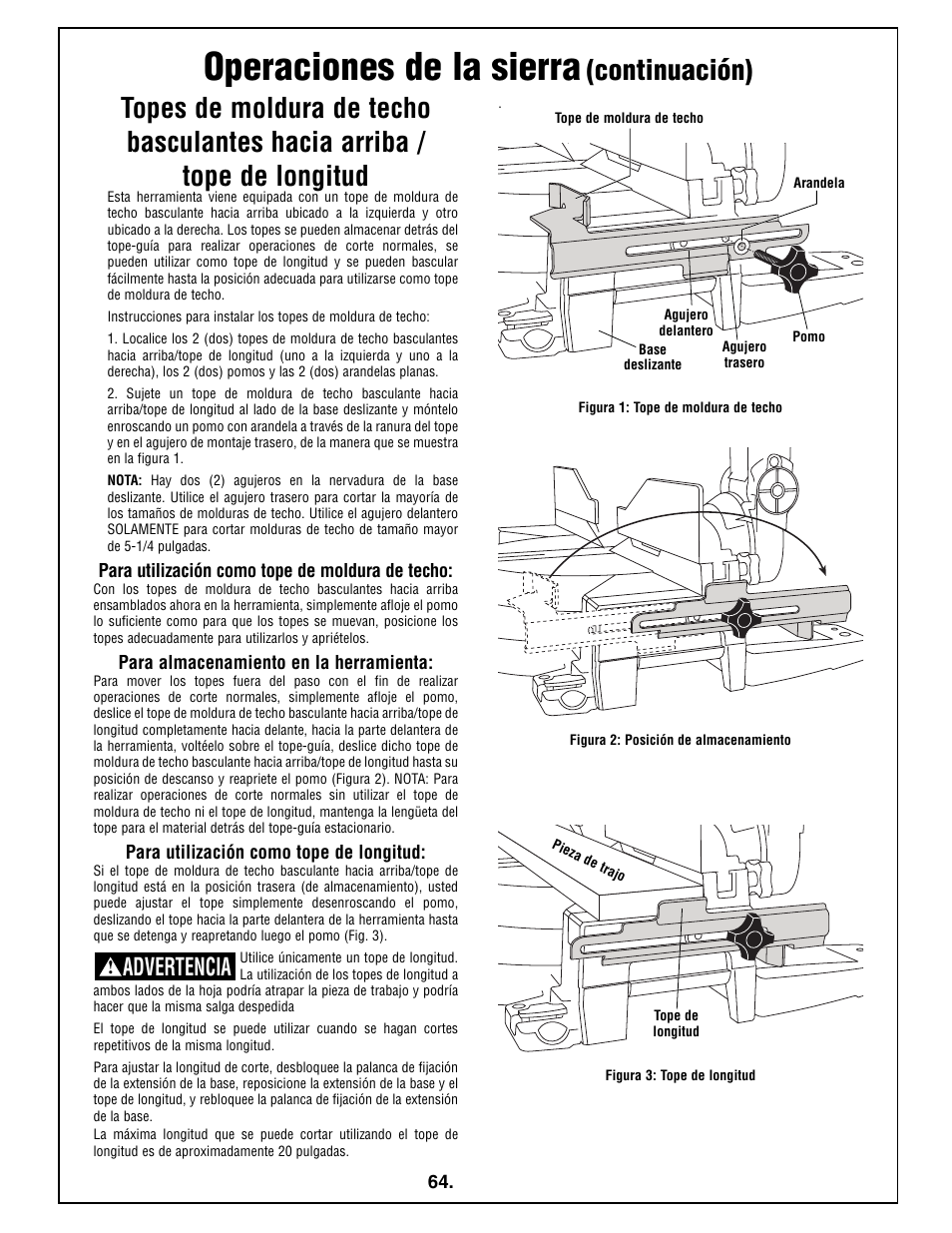 Operaciones de la sierra, Continuación), Advertencia | Bosch 4212L User Manual | Page 64 / 112
