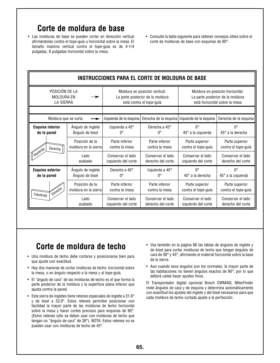 Corte de moldura de base, Corte de moldura de techo, Instrucciones para el corte de moldura de base | Bosch 4212L User Manual | Page 65 / 112