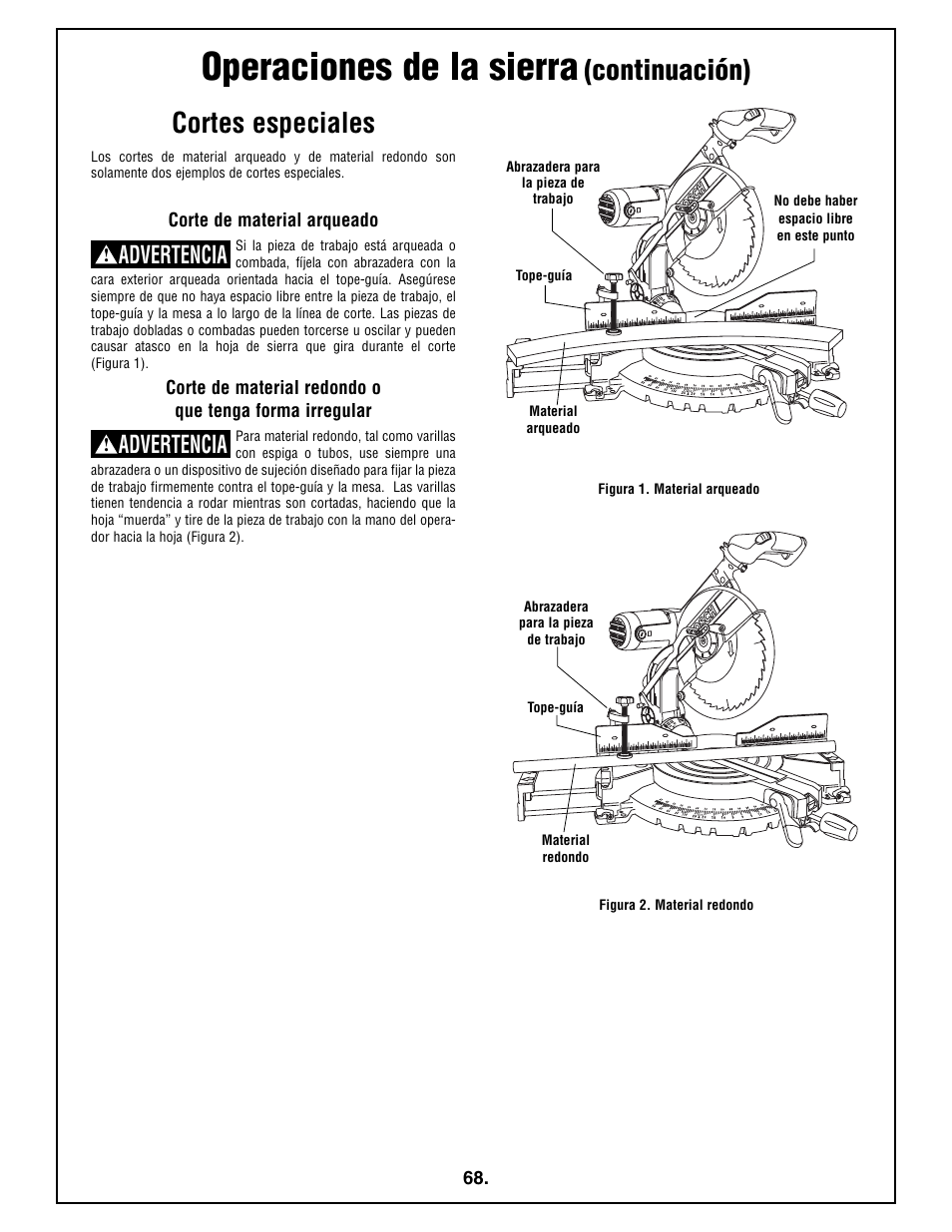 Operaciones de la sierra, Cortes especiales, Continuación) | Advertencia | Bosch 4212L User Manual | Page 68 / 112