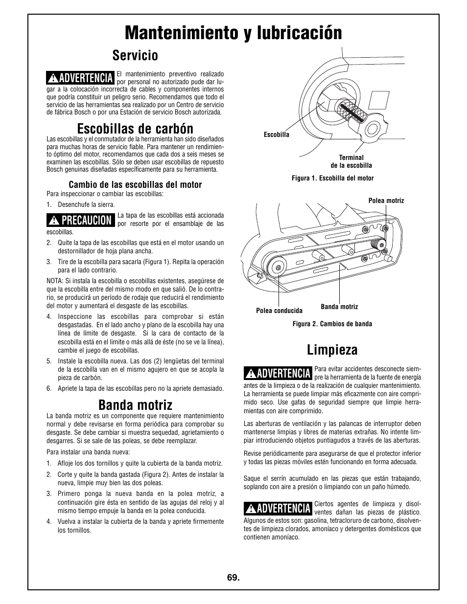 Mantenimiento y lubricación, Servicio, Escobillas de carbón | Banda motriz, Limpieza, Precaucion, Advertencia | Bosch 4212L User Manual | Page 69 / 112