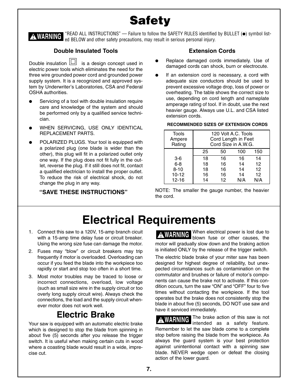 Electrical requirements, Safety, Electric brake | Warning | Bosch 4212L User Manual | Page 7 / 112