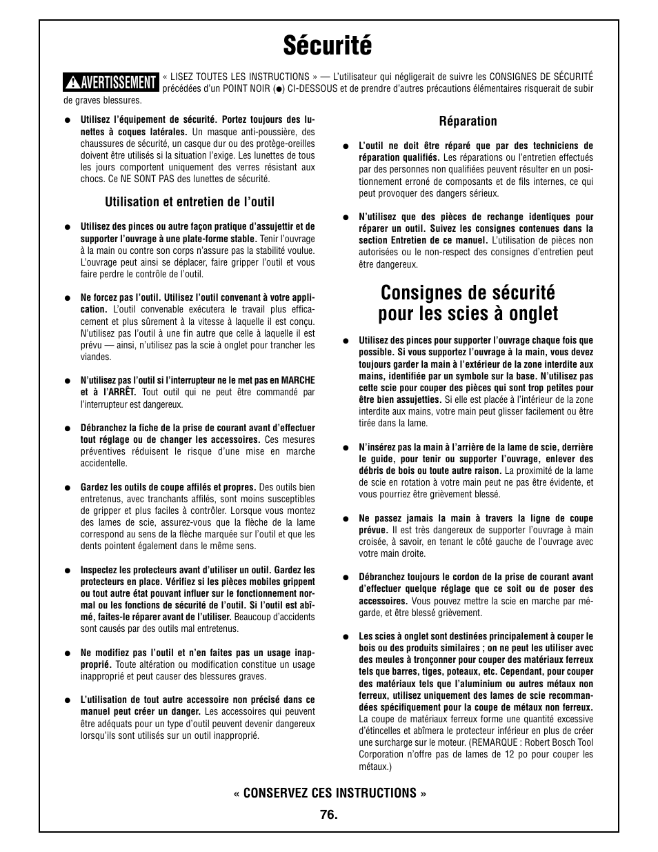 Sécurité, Consignes de sécurité pour les scies à onglet, Avertissement | Utilisation et entretien de l’outil, Réparation, Conservez ces instructions | Bosch 4212L User Manual | Page 76 / 112