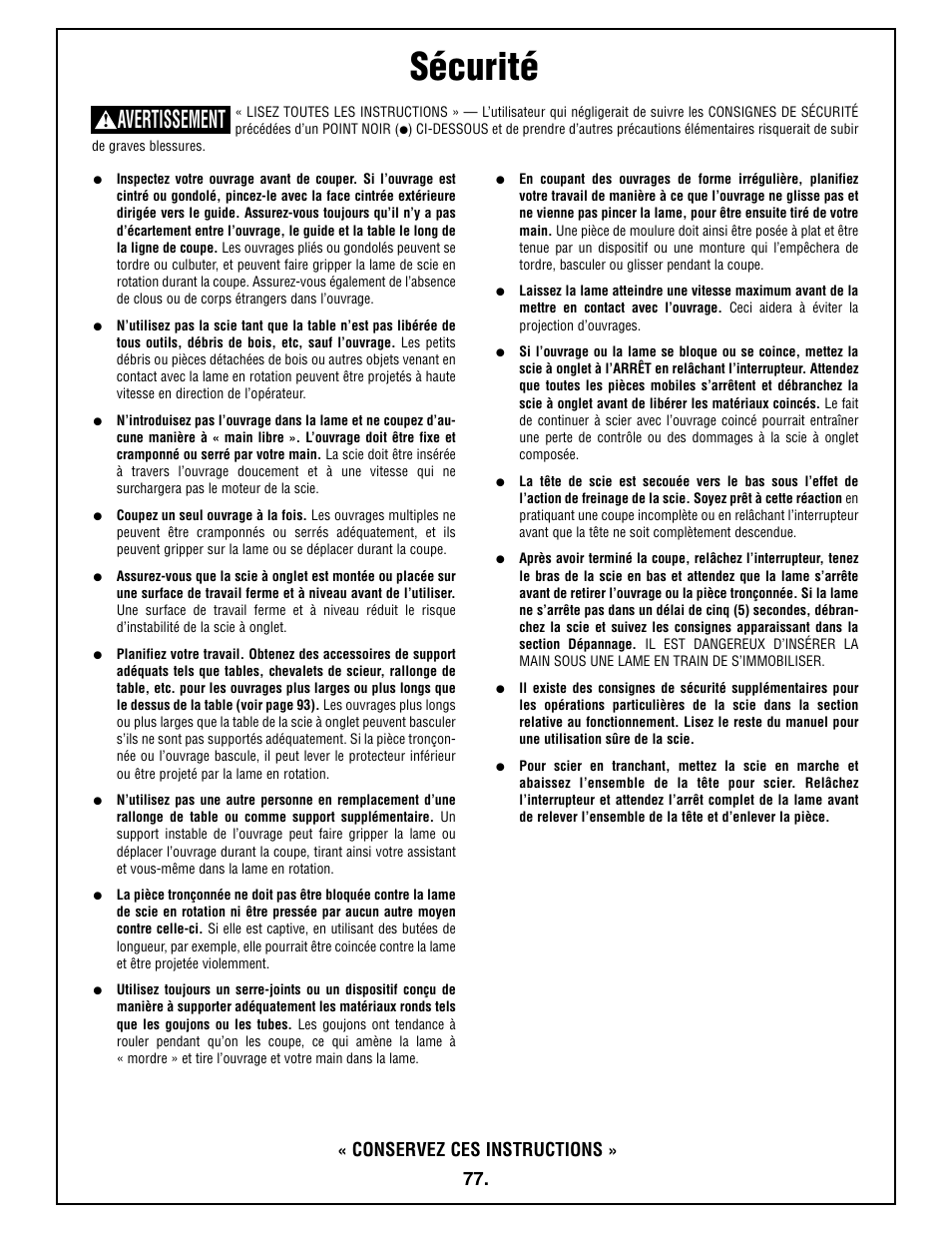 Sécurité, Avertissement, Conservez ces instructions | Bosch 4212L User Manual | Page 77 / 112