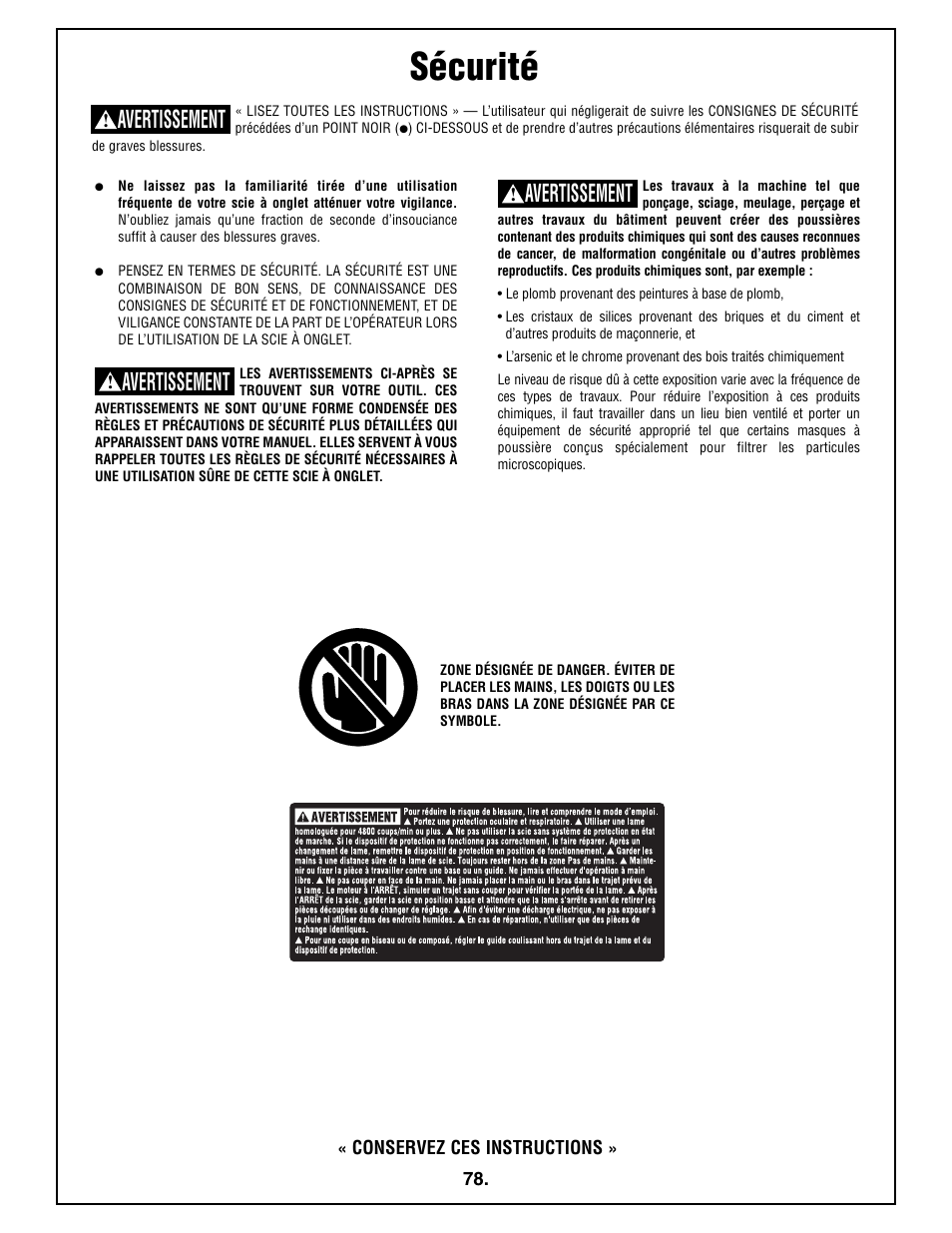 Sécurité, Avertissement | Bosch 4212L User Manual | Page 78 / 112