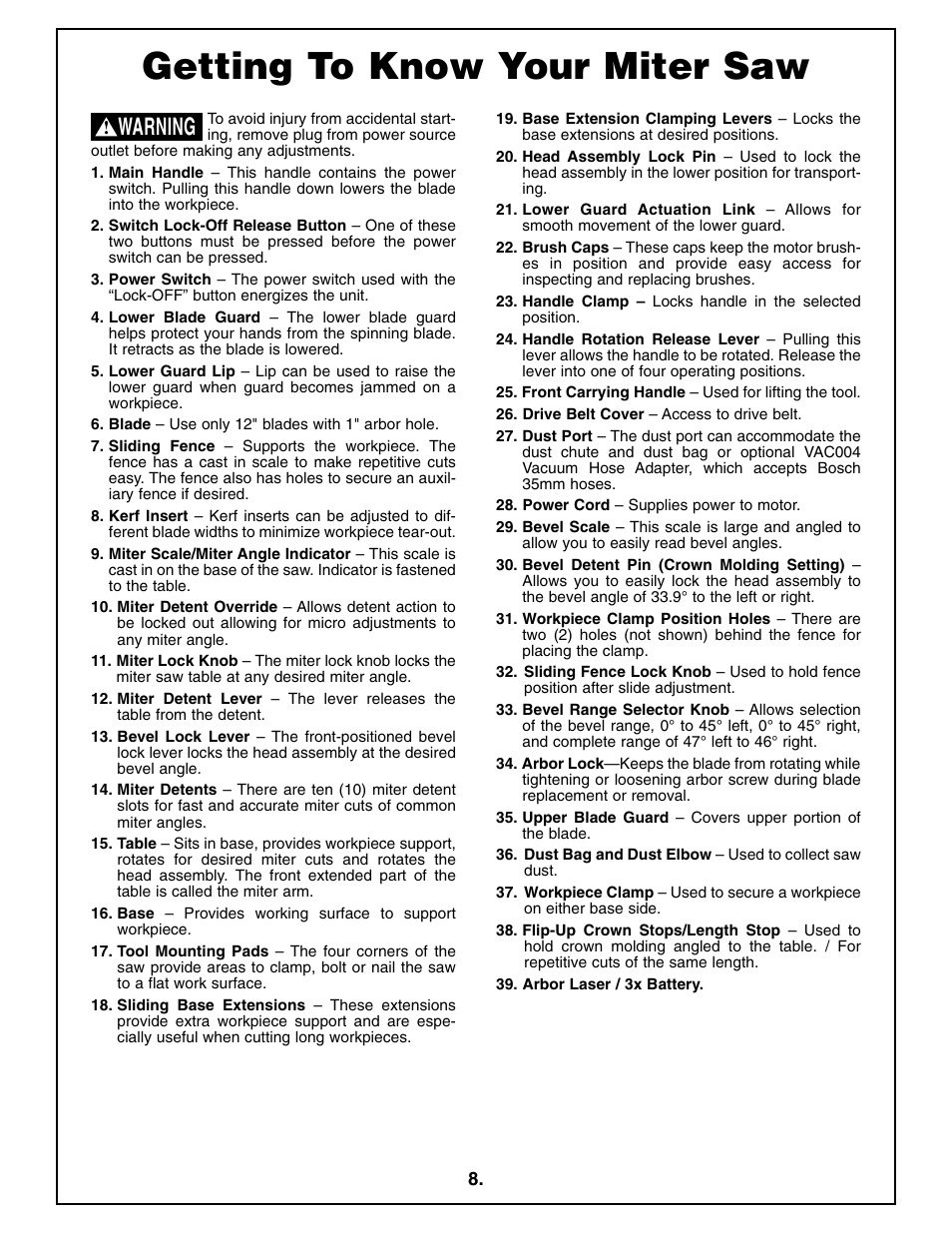 Getting to know your miter saw, Warning | Bosch 4212L User Manual | Page 8 / 112