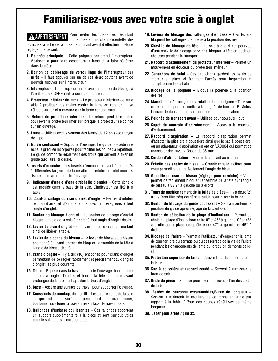 Familiarisez-vous avec votre scie à onglet, Avertissement | Bosch 4212L User Manual | Page 80 / 112