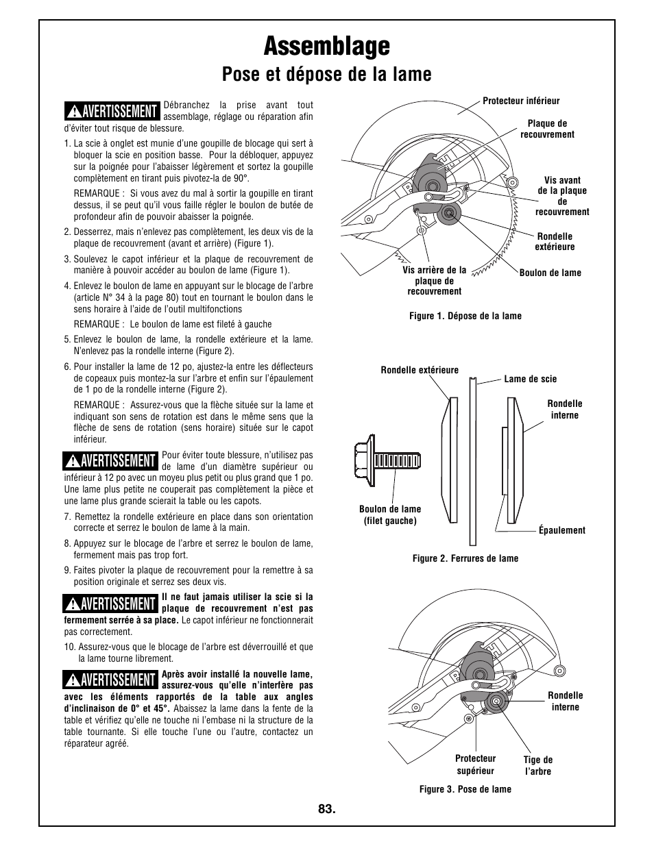 Assemblage, Pose et dépose de la lame, Avertissement | Bosch 4212L User Manual | Page 83 / 112