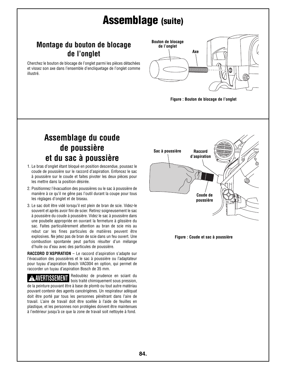 Assemblage, Suite), Avertissement | Montage du bouton de blocage de l’onglet | Bosch 4212L User Manual | Page 84 / 112