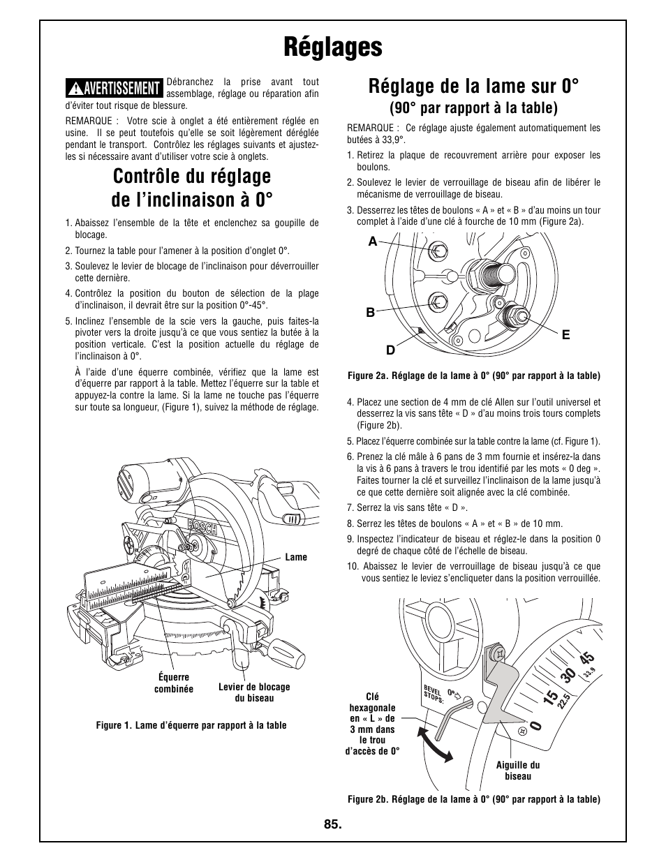 Réglages, Contrôle du réglage de l’inclinaison à 0, Réglage de la lame sur 0 | Avertissement, 90° par rapport à la table) | Bosch 4212L User Manual | Page 85 / 112