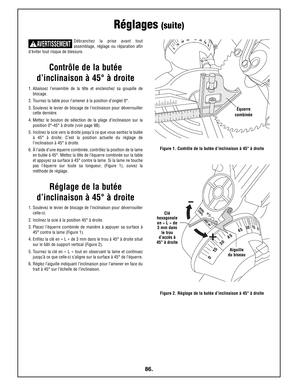 Réglages, Suite), Contrôle de la butée d’inclinaison а 45° а droite | Réglage de la butée d’inclinaison а 45° а droite, Avertissement | Bosch 4212L User Manual | Page 86 / 112