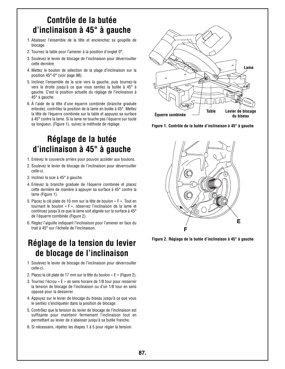 Contrôle de la butée d’inclinaison а 45° а gauche, Réglage de la butée d’inclinaison а 45° а gauche | Bosch 4212L User Manual | Page 87 / 112