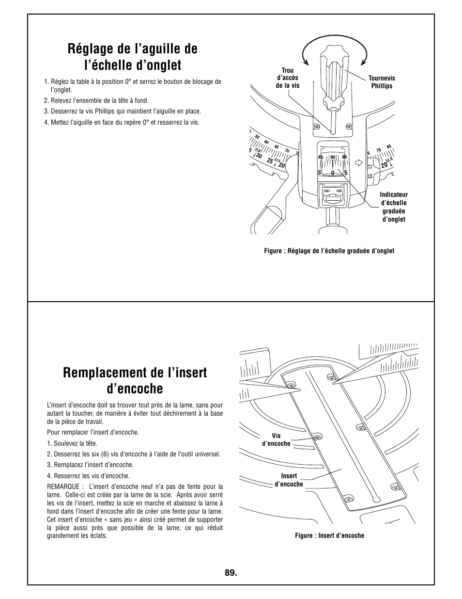 Remplacement de l’insert d’encoche, Réglage de l’aguille de l’échelle d’onglet | Bosch 4212L User Manual | Page 89 / 112