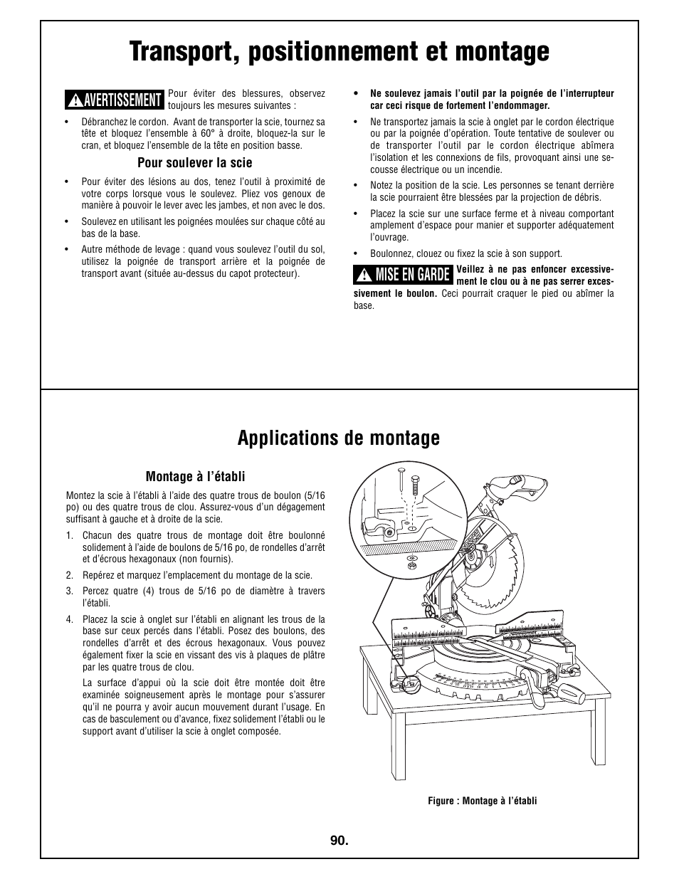 Transport, positionnement et montage, Applications de montage, Avertissement | Mise en garde | Bosch 4212L User Manual | Page 90 / 112