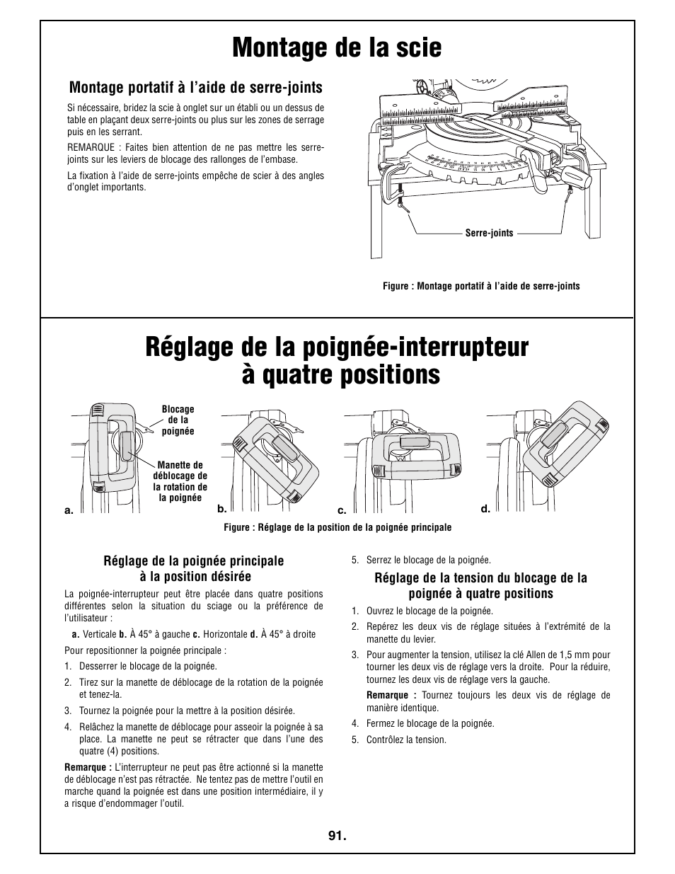 Montage de la scie, Montage portatif à l’aide de serre-joints | Bosch 4212L User Manual | Page 91 / 112