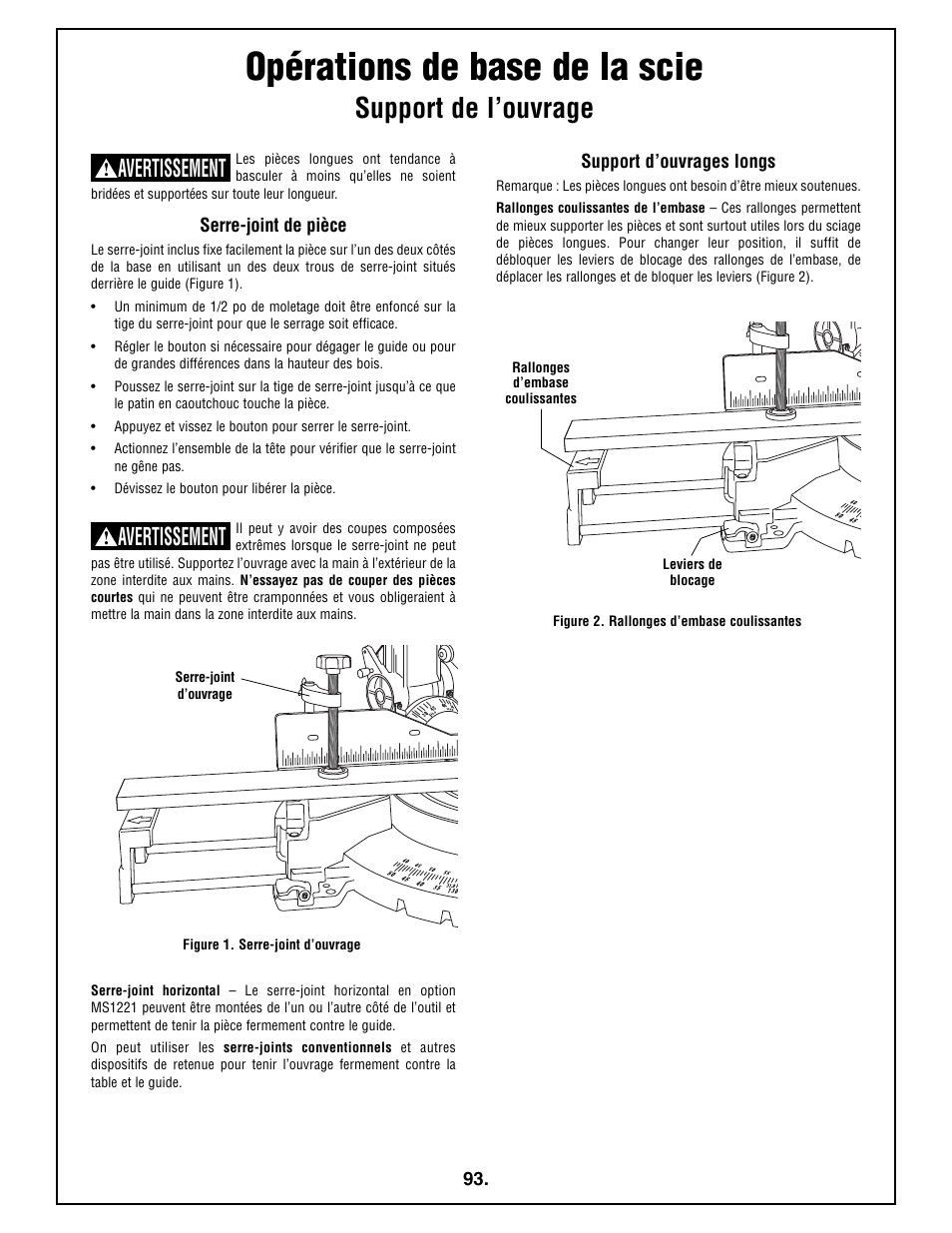 Opérations de base de la scie, Support de l’ouvrage, Avertissement | Bosch 4212L User Manual | Page 93 / 112