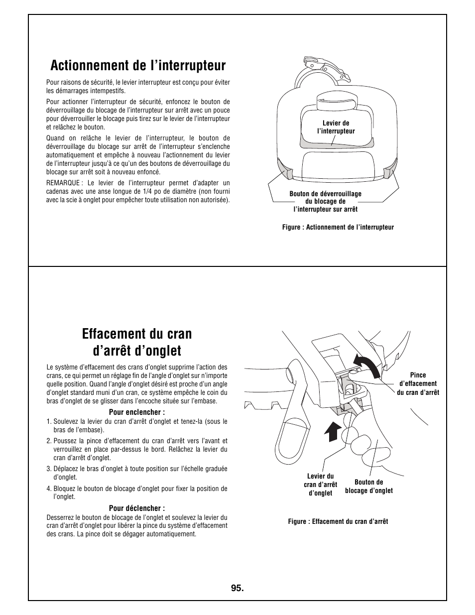 Effacement du cran d’arrêt d’onglet, Actionnement de l’interrupteur | Bosch 4212L User Manual | Page 95 / 112