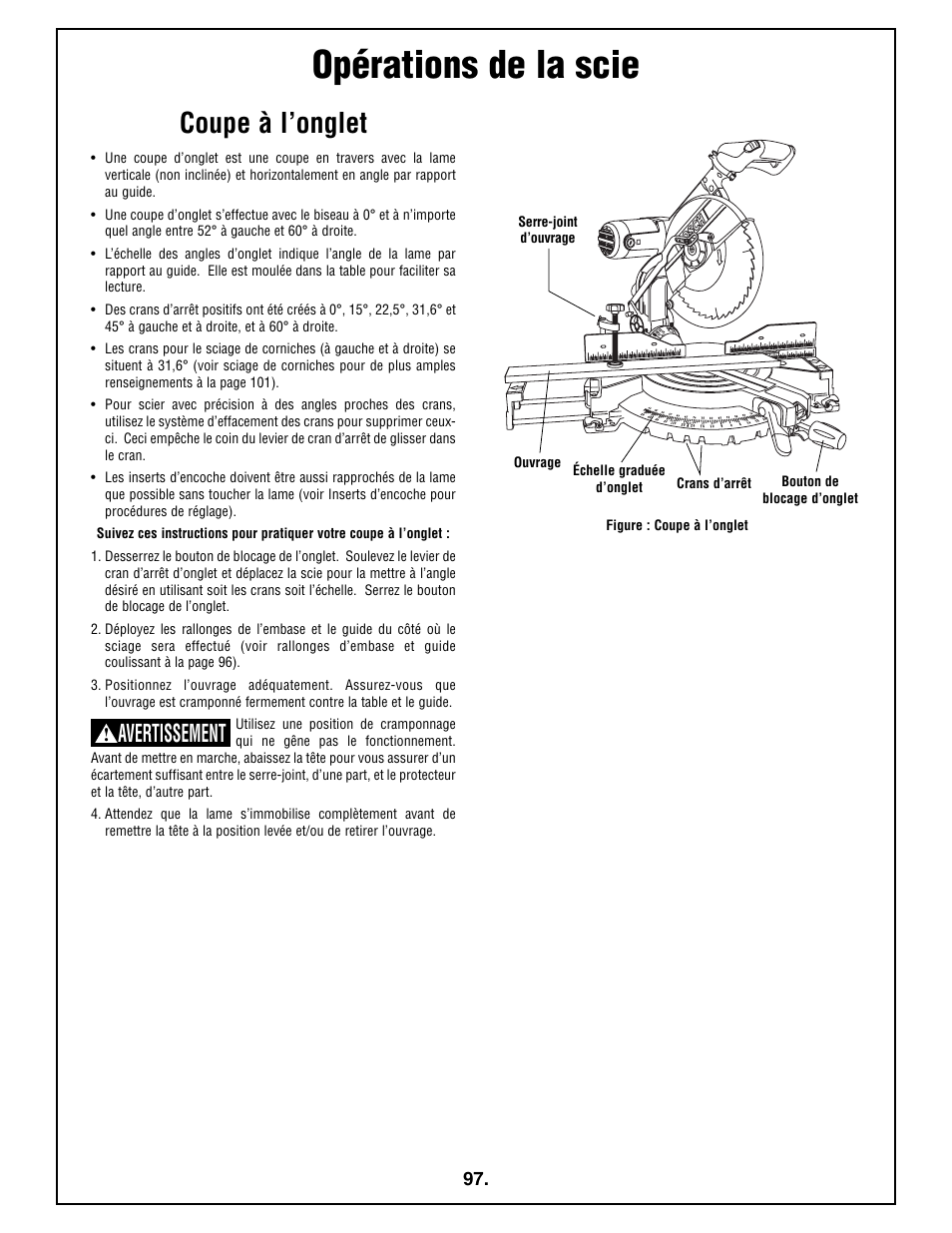 Opérations de la scie, Coupe à l’onglet, Avertissement | Bosch 4212L User Manual | Page 97 / 112